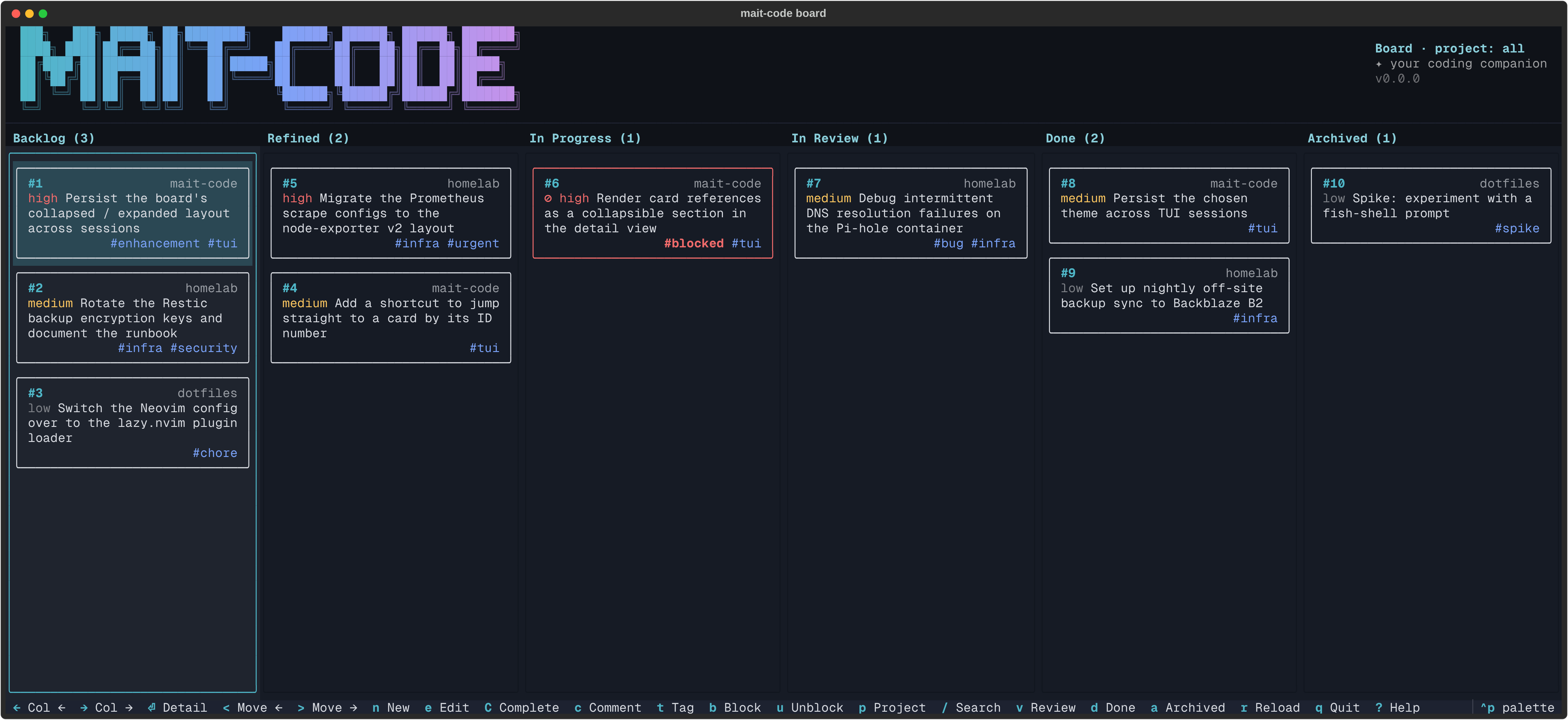 The board uncollapsed: all six columns, with a card in In Review and Done and Archived in view.