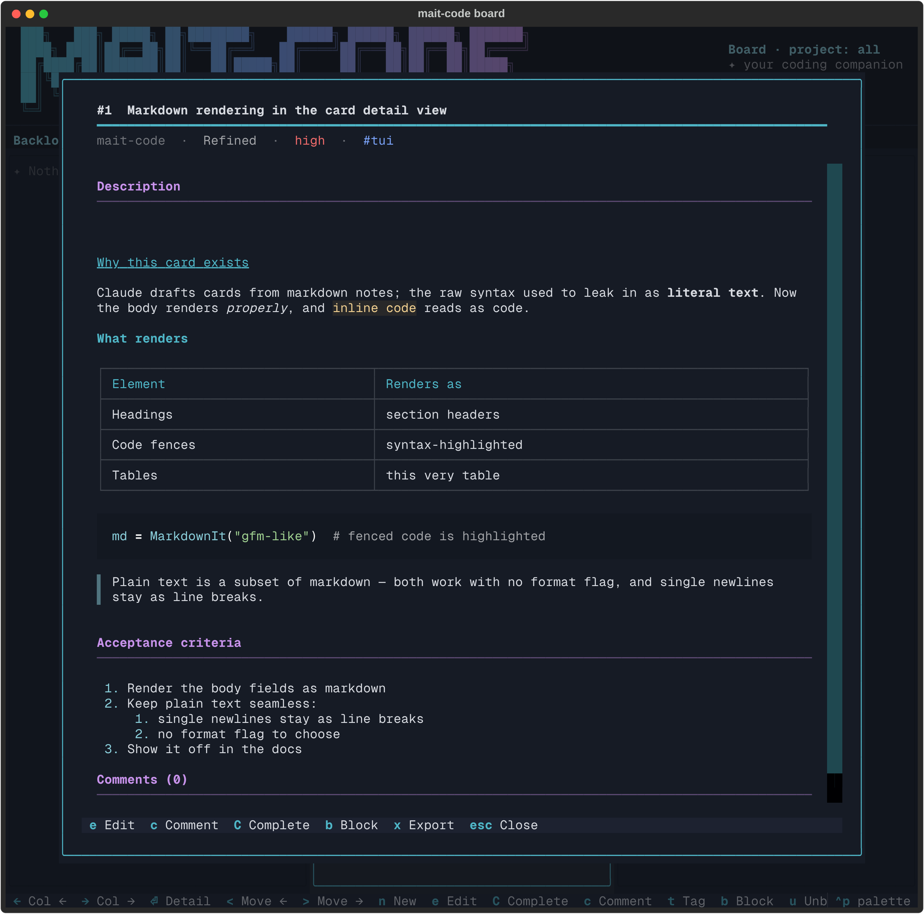 A card whose description and acceptance criteria use markdown: two heading levels, emphasis, a table, an inline and a fenced code block, a blockquote, and a nested ordered list.