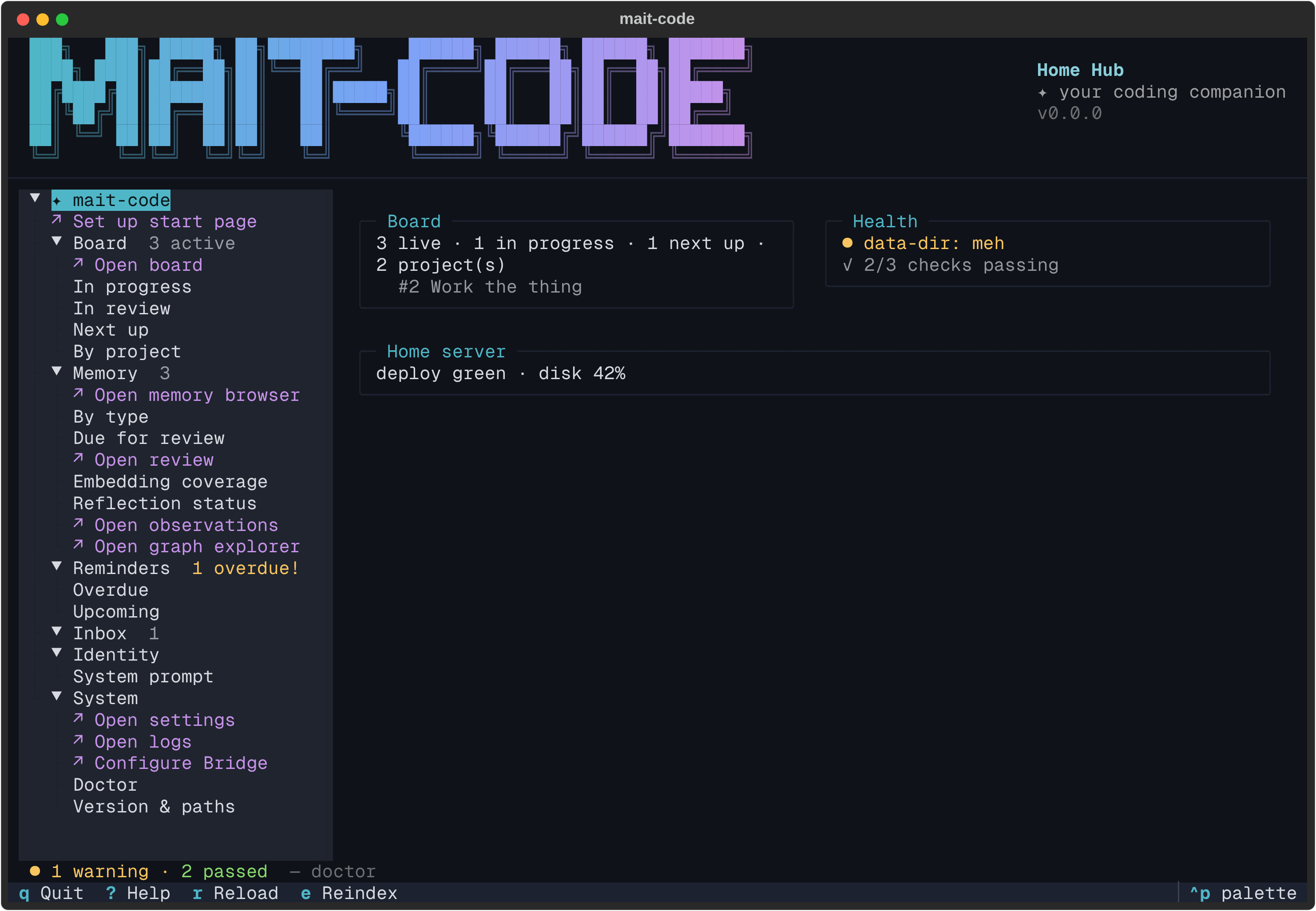 An authored start page: built-in tiles beside a full-width shell-command
tile, laid out by dashboard.toml.