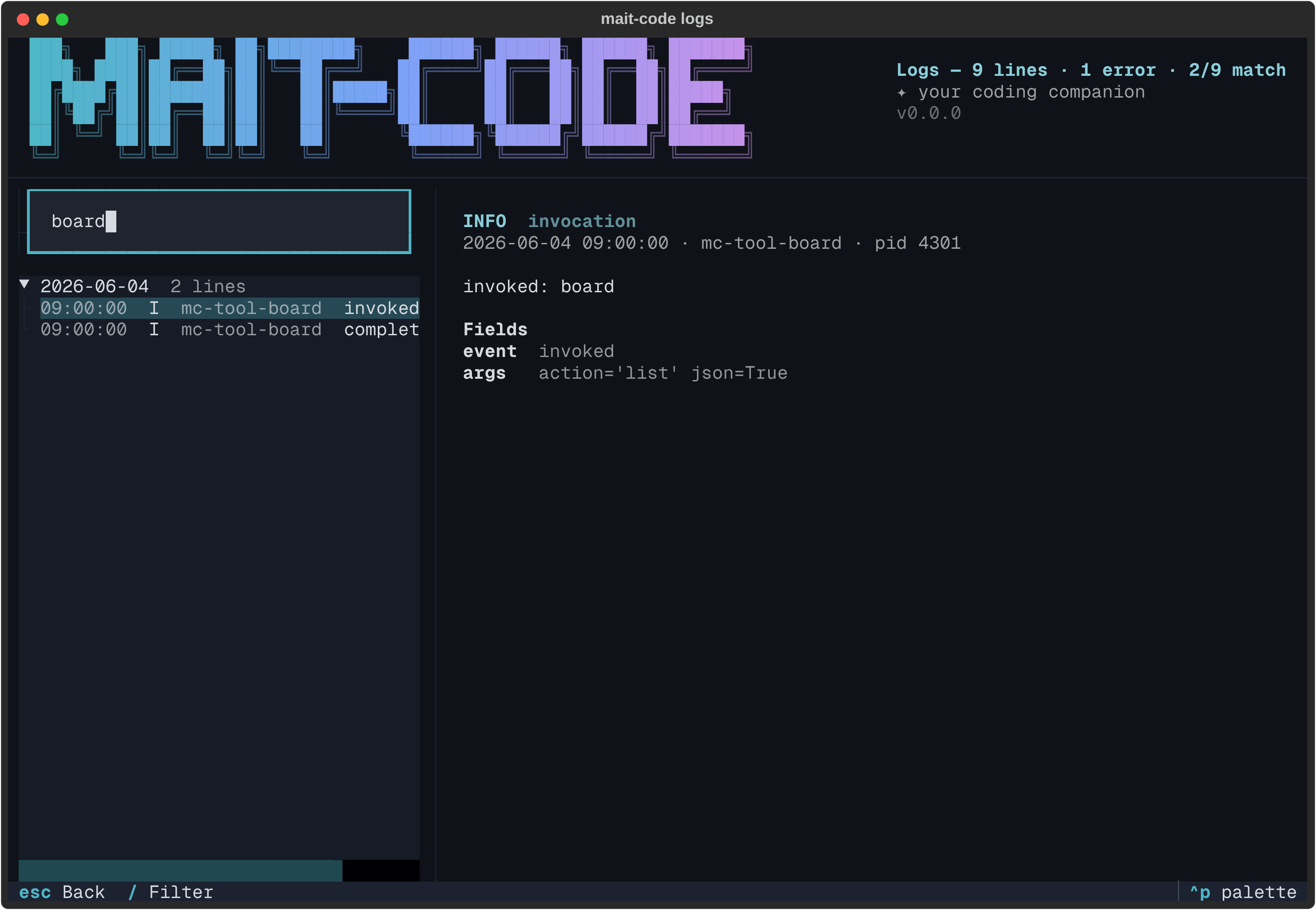The viewer filtered: typing in the filter box narrows the tree to matching
lines and the subtitle shows the match count.