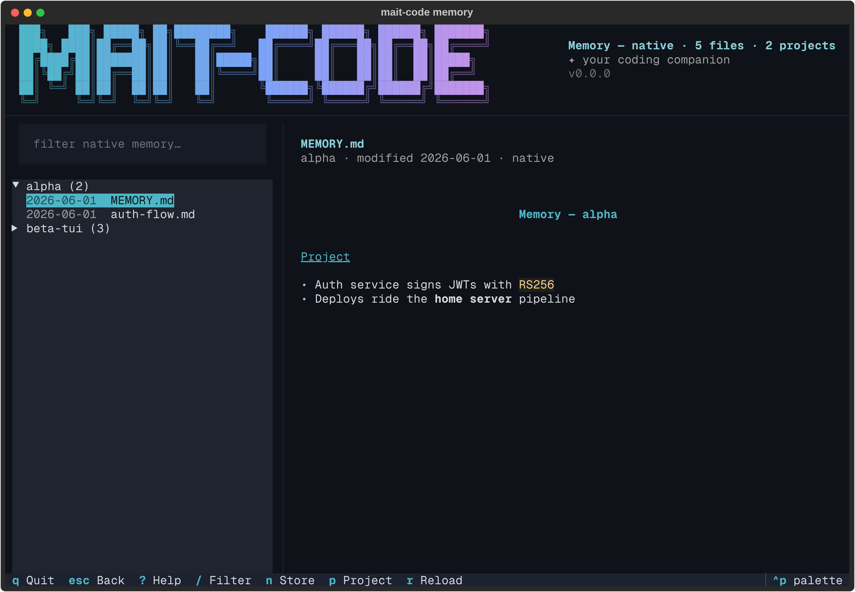 The native view: projects grouped with file counts on the left — MEMORY.md
and topic files — and the selected file rendered as markdown on the
right.