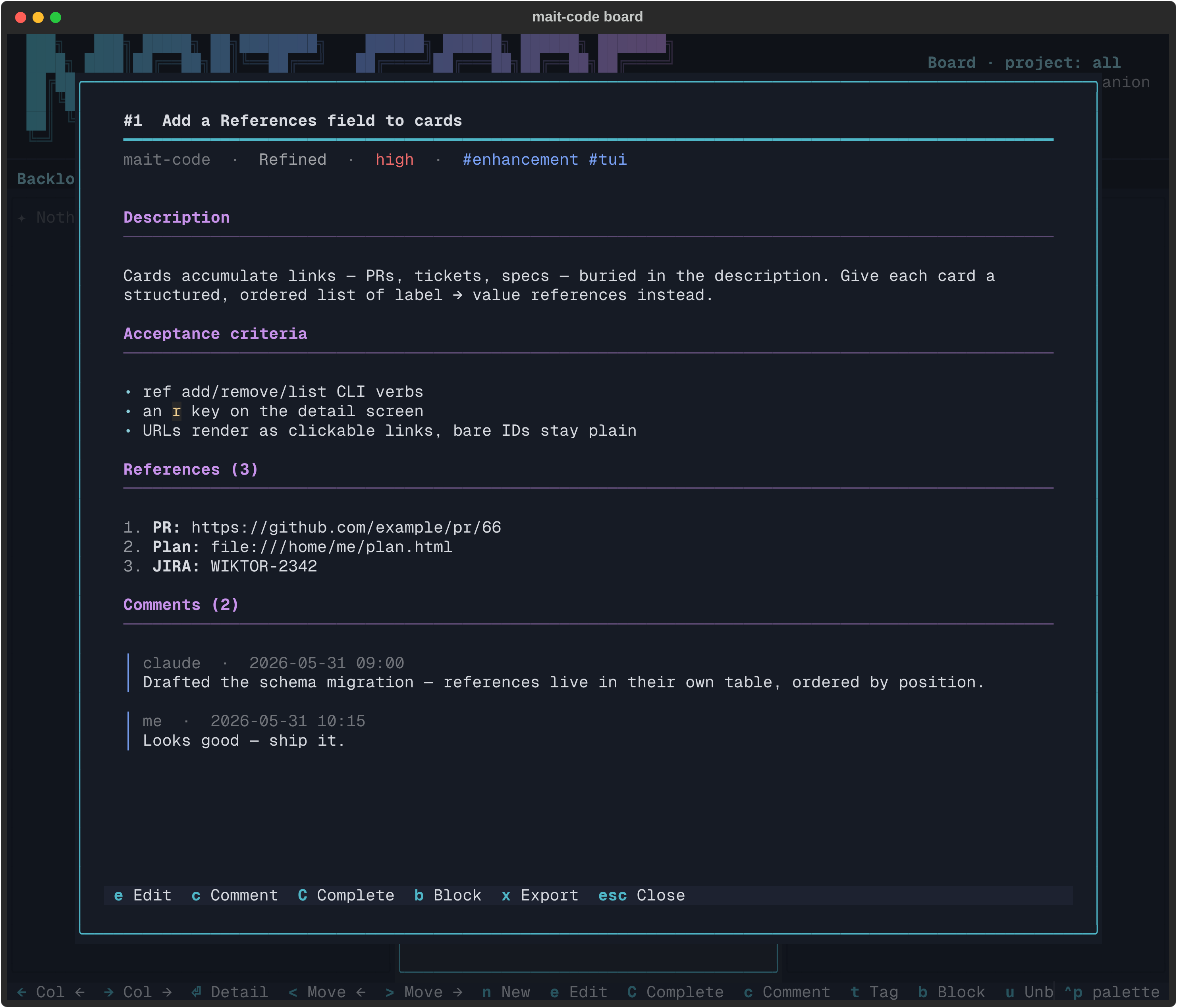 A fully-populated card in detail view: title, tags, description, acceptance criteria, references, and a comment thread.