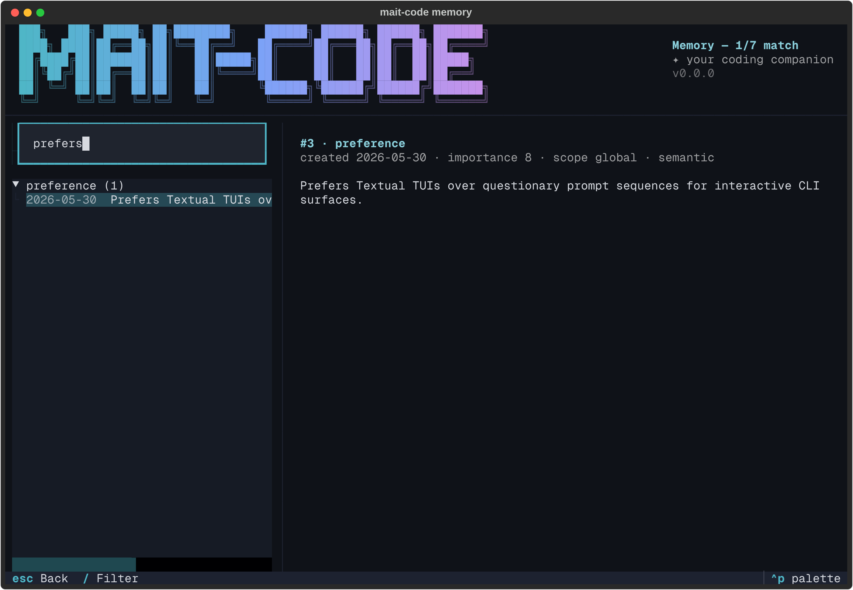The browser filtered: typing in the filter box narrows the tree to matching
entries and the subtitle shows 1/6 match.