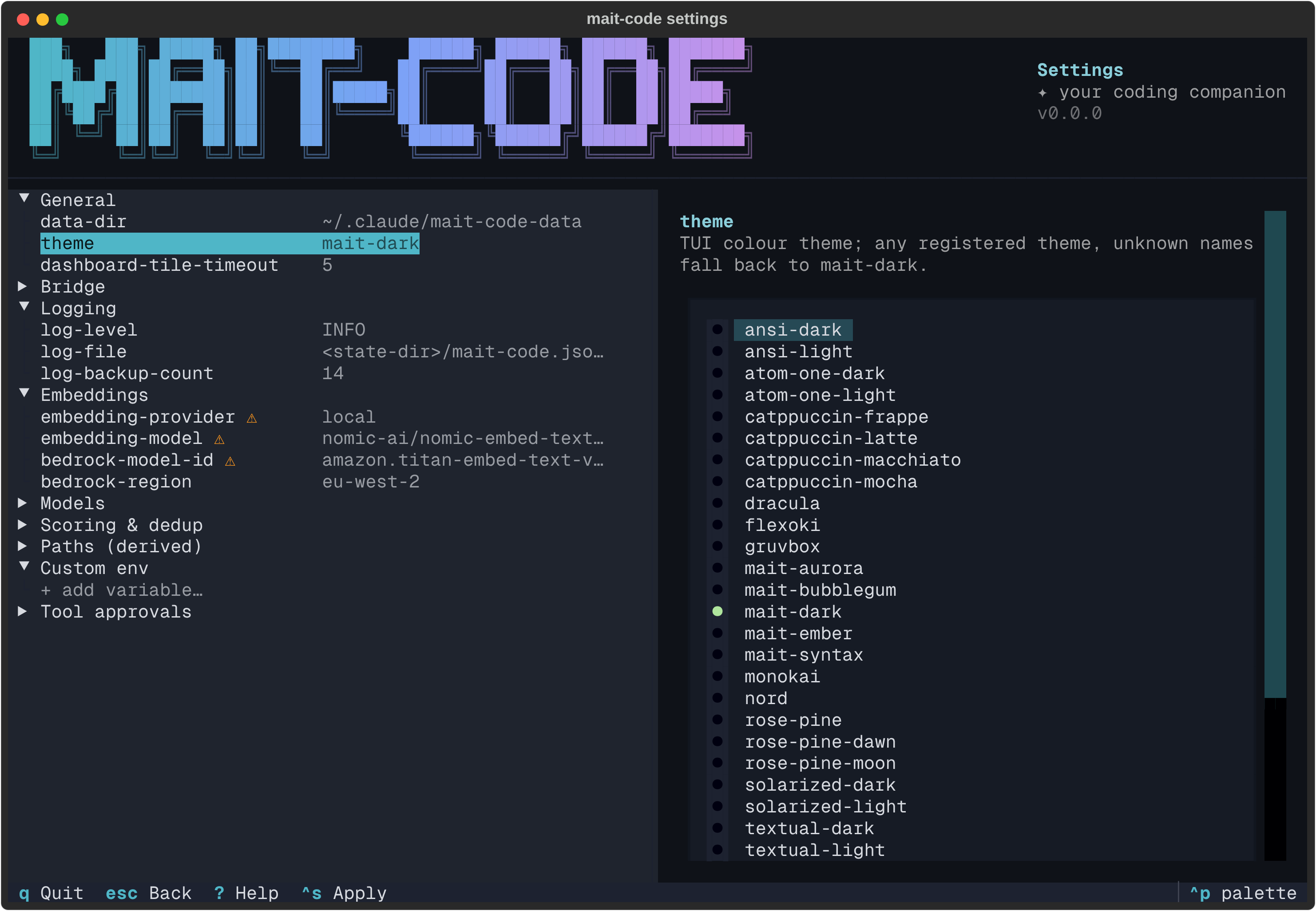 The adaptive editor on an enum setting: highlighting theme renders a radio
set of every installed theme, the current one marked.